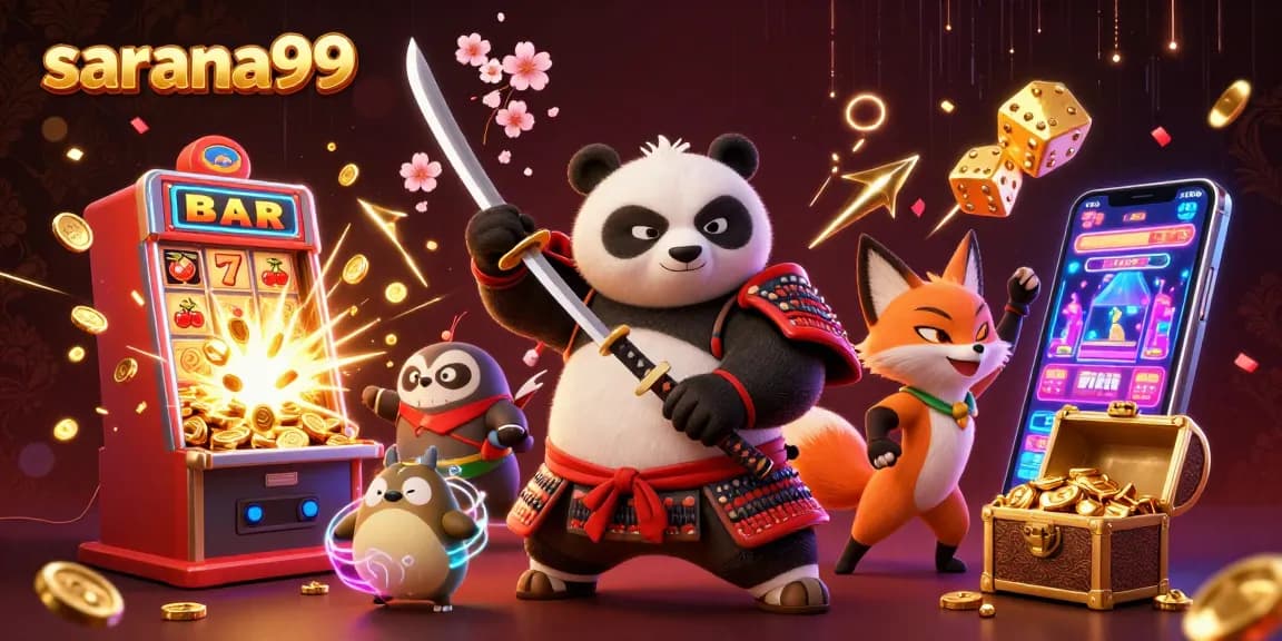 Sarana99’s thrilling 3D casino illustration showcases samurai panda and ninja fox amidst exploding slots.