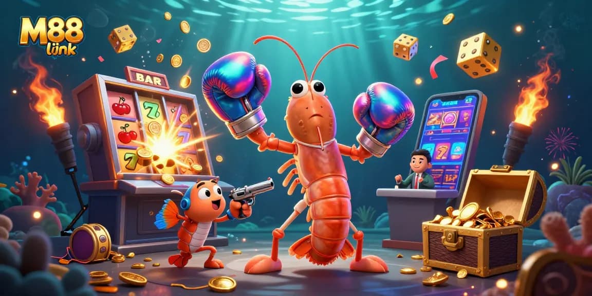 Menangkan hadiah di M88 link dengan mesin slot jackpot yang berkilau dan para karakter unik di latar belakang