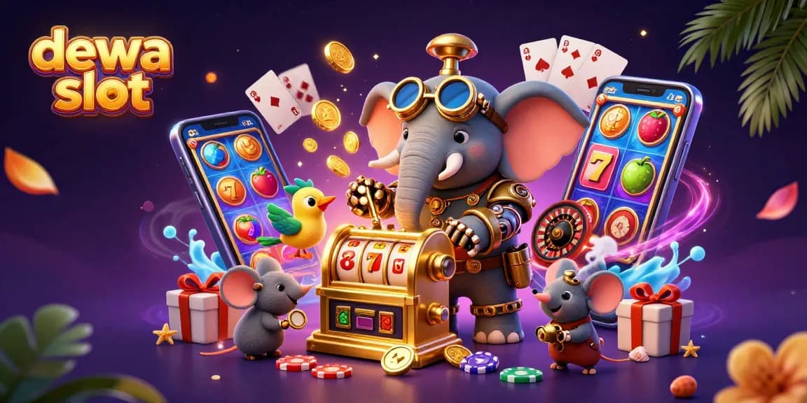 Spin to win with dewa slot in a vibrant 3D casino scene filled with steampunk characters and rich game elements.