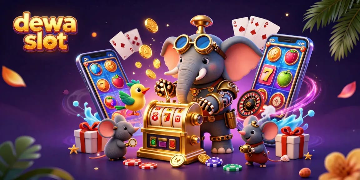 Spin to win with dewa slot in a vibrant 3D casino scene filled with steampunk characters and rich game elements.