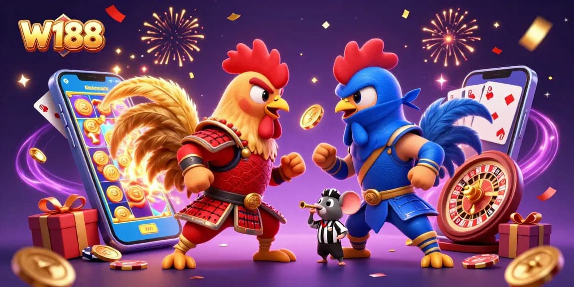 Experience thrilling moments at W188 with cartoon roosters in a dynamic gambling scene.