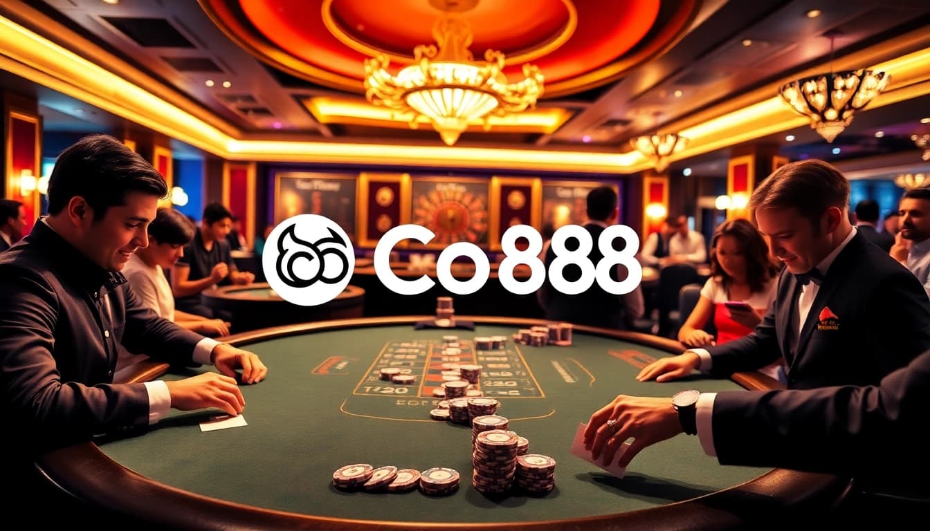 Co88 players strategizing at a poker table in a luxurious casino setting.