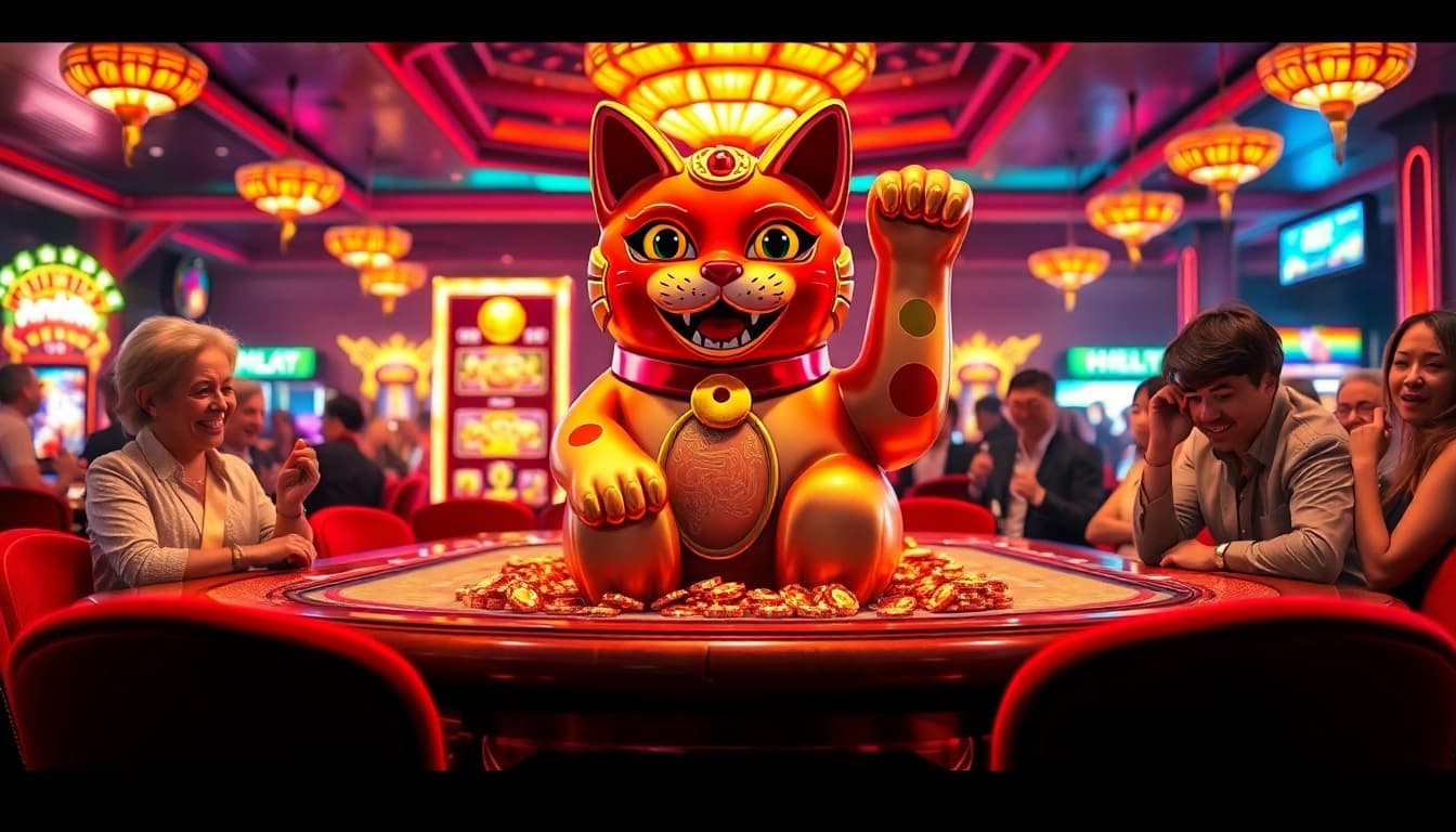 Players enjoying the lucky neko slot machine in a vibrant casino atmosphere.