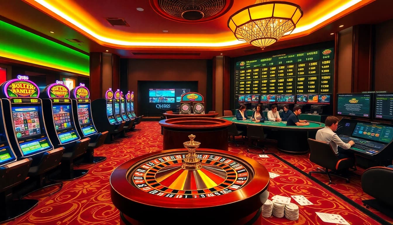 Engaged gamblers playing at qh88 online casino with colorful slot machines and a spinning roulette wheel.