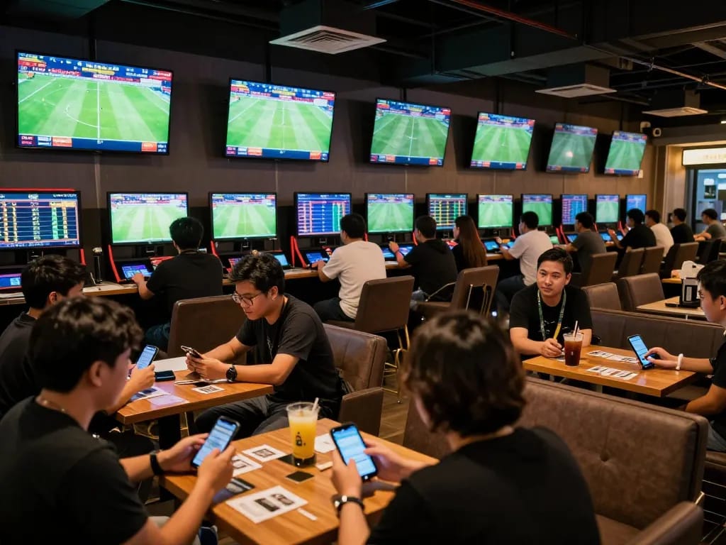 Soi Kèo sports betting lounge with fans placing live bets on football matches