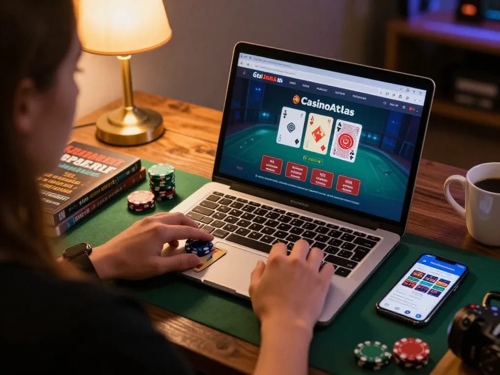 Play strategic blackjack using CasinoAtlas on a laptop, engaged in online gambling.