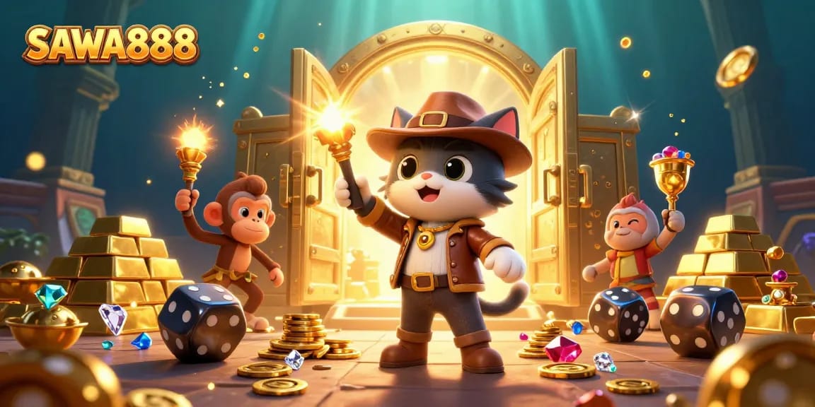 SAWA888 showcases a thrilling 3D scene depicting an explorer cat discovering casino treasures.