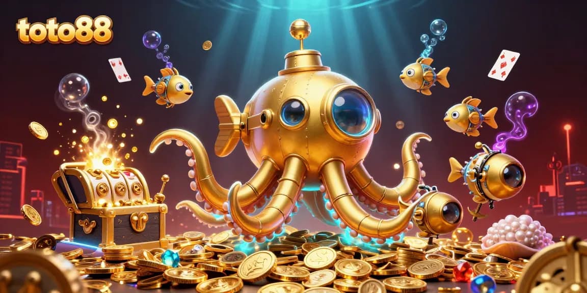 Experience the thrill of toto88 with a vibrant underwater scene featuring golden kraken and slot reels.
