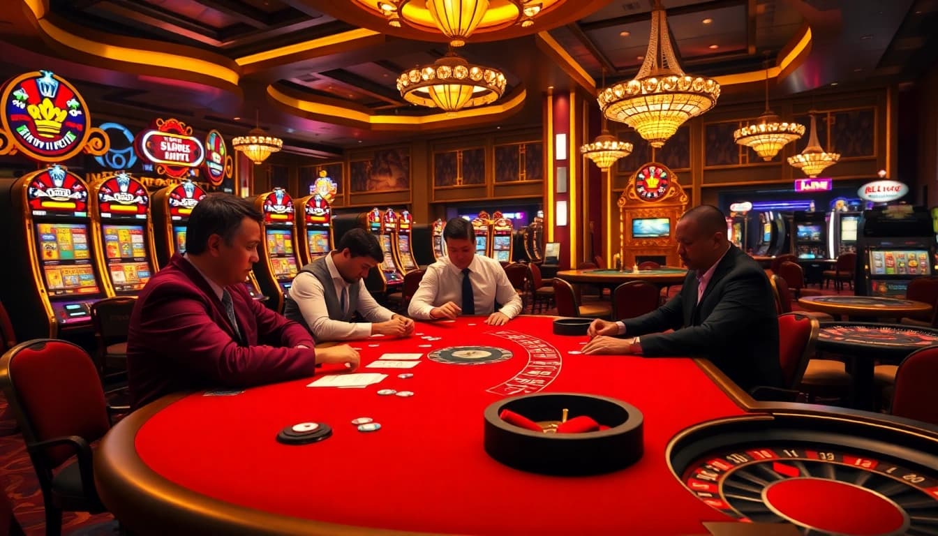 Nohu90 elevating the excitement at a high-stakes poker game with vibrant slot machines and professional players.