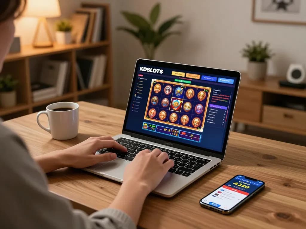 KDSlots online gaming experience with laptop setup showcases vibrant slot games and strategic gameplay.