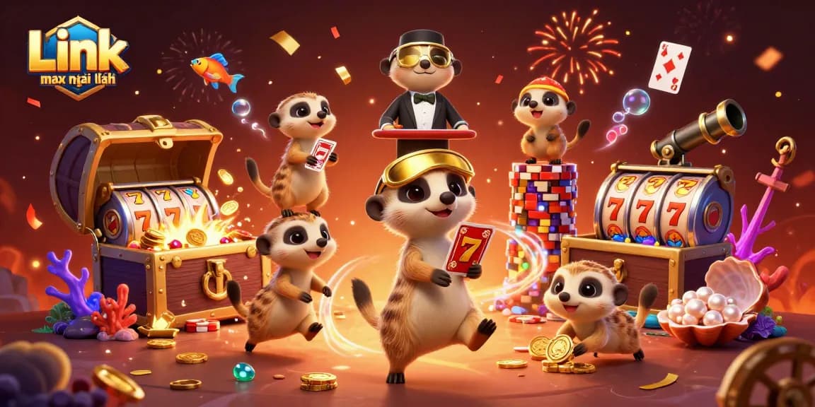 Experience the excitement of Link vmax mới nhất with a vibrant 3D illustration showcasing dynamic meerkats in a captivating casino scene.