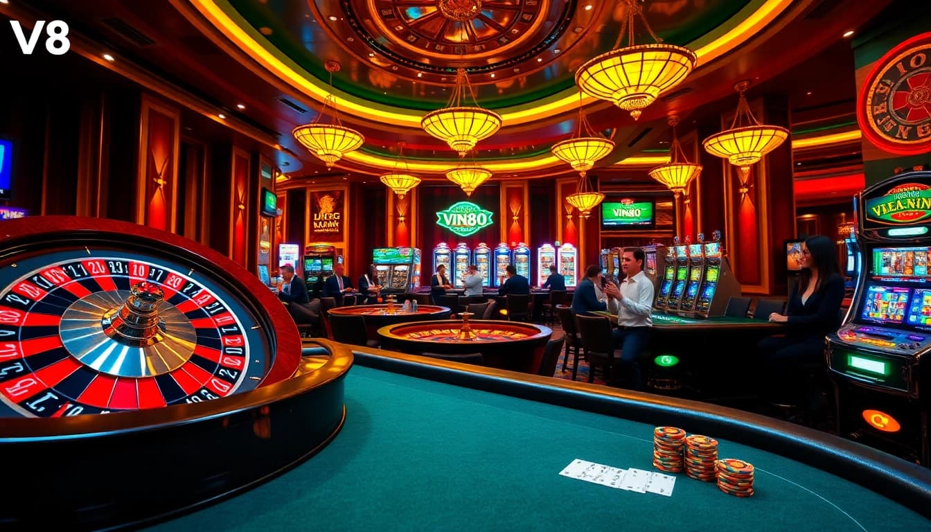 Experience thrilling games at VN88's vibrant casino scene with roulette wheels and poker tables.
