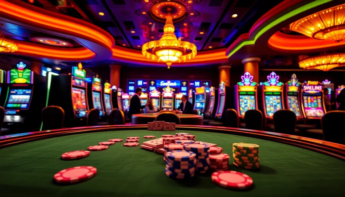 SODO casino scene with an exciting poker table, vibrant chips, and luxurious atmosphere.