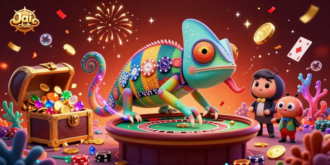 Engaging Jai club casino scene with vibrant chameleon owner surrounded by treasures, cards, and festive elements.