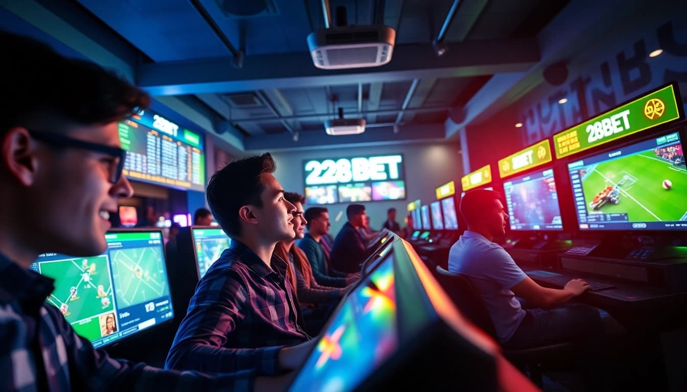 Exciting gaming scene featuring players engaged in online betting on 28BET, showcasing vibrant digital interfaces and immersive atmosphere.
