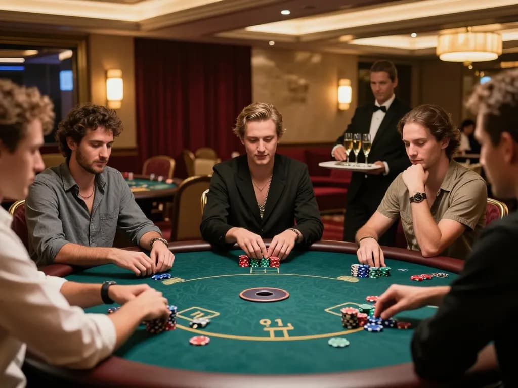 Experience the strategic gameplay of kdslots in an upscale casino VIP area filled with engaged players.