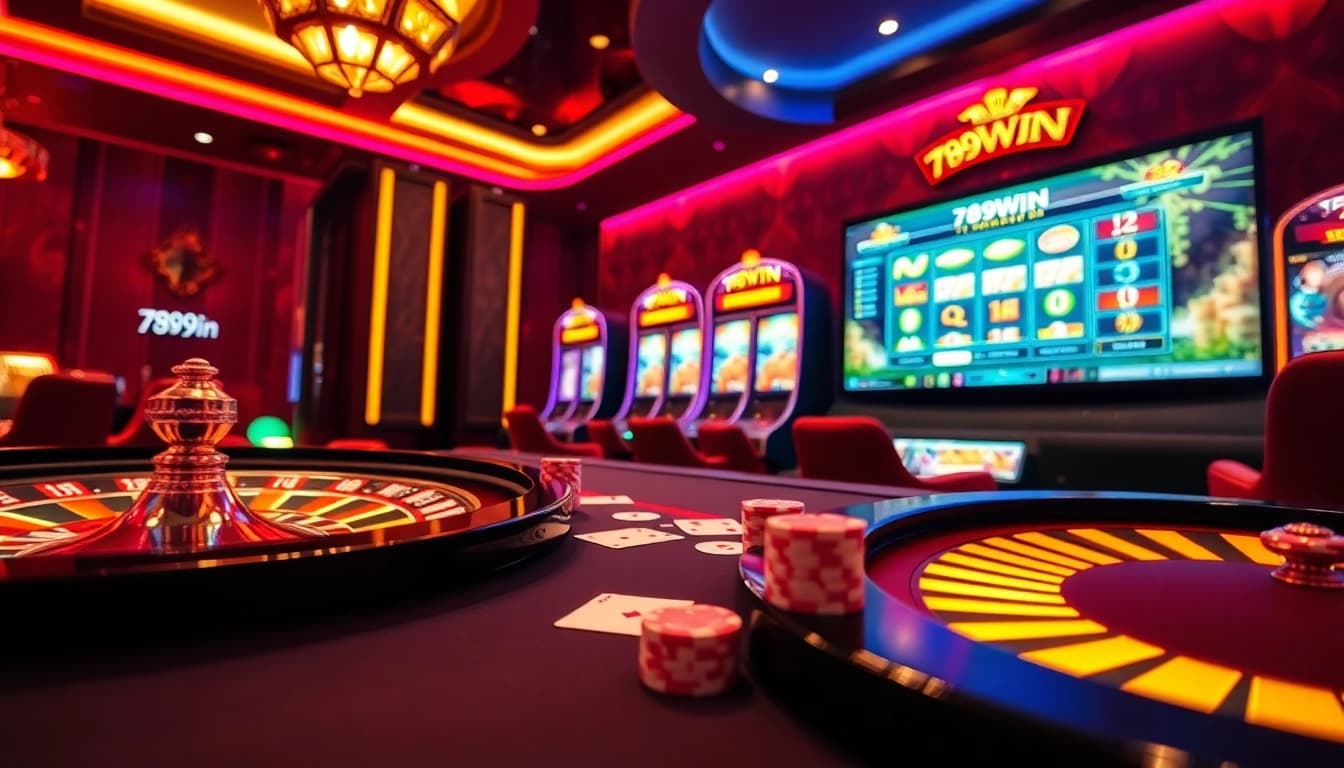 Experience the excitement of 789Win with a vibrant casino scene featuring poker chips, card games, and slot machines.