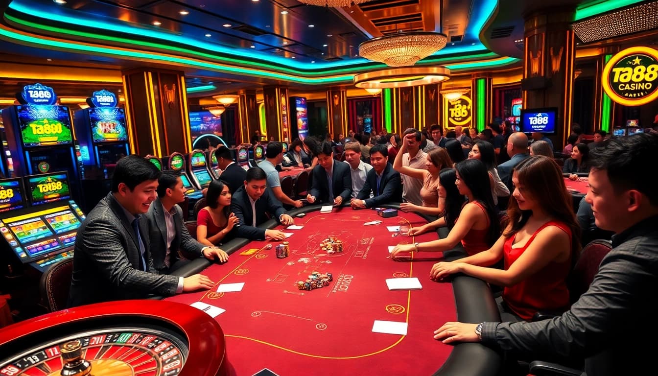 Action-packed casino gaming atmosphere at ta88 with poker and slot machines.