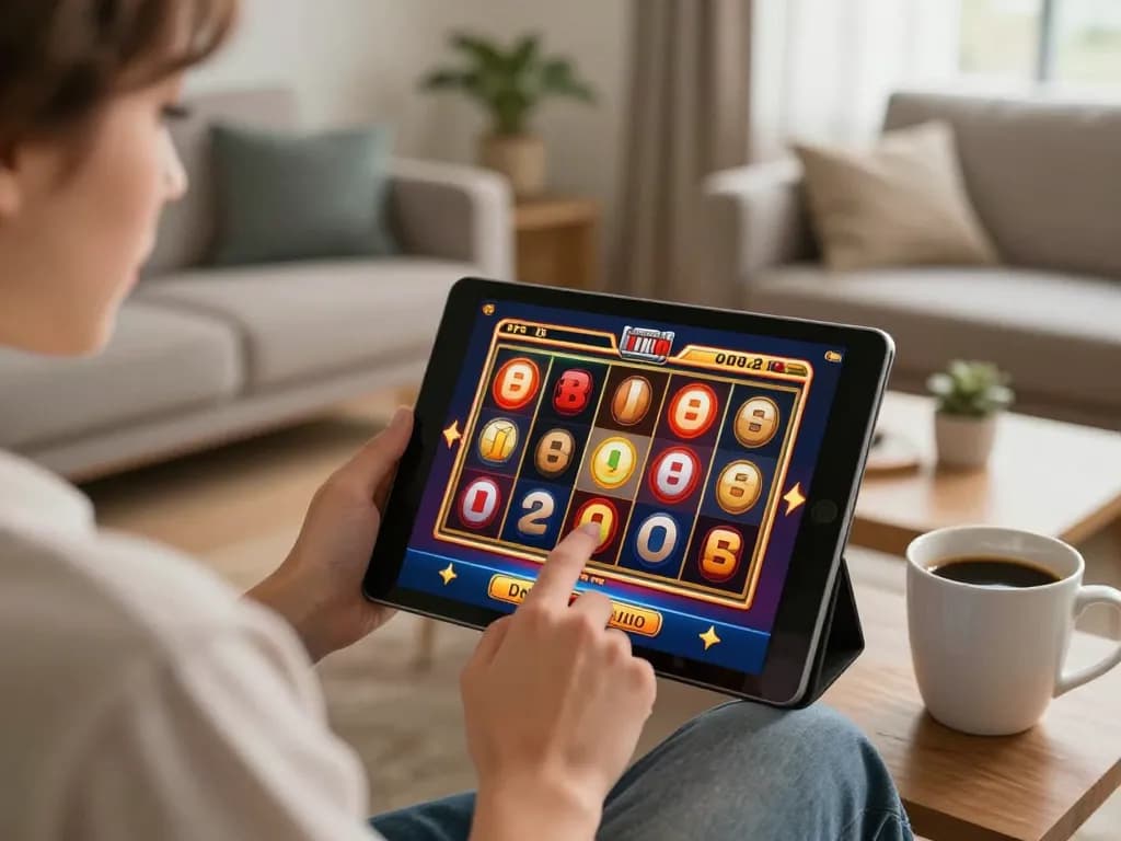 LIGALGO players enjoying vibrant slot games on tablets in a cozy home setting.