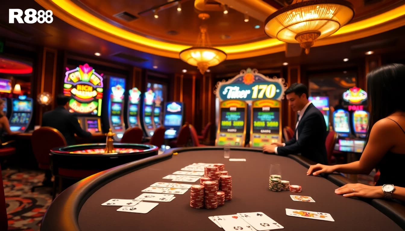 Players enjoy an exciting game at RR88, featuring elegant poker tables and vibrant slot machines.