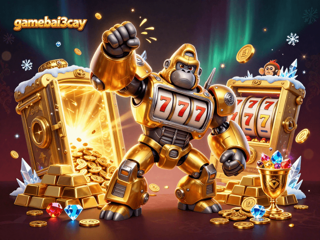 Experience excitement at gamebai3cay with our golden gorilla mech and treasure-filled slots.