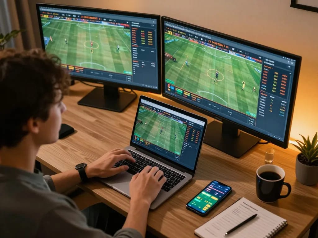 Person utilizing alo8 betting app on smartphone while watching live sports event.