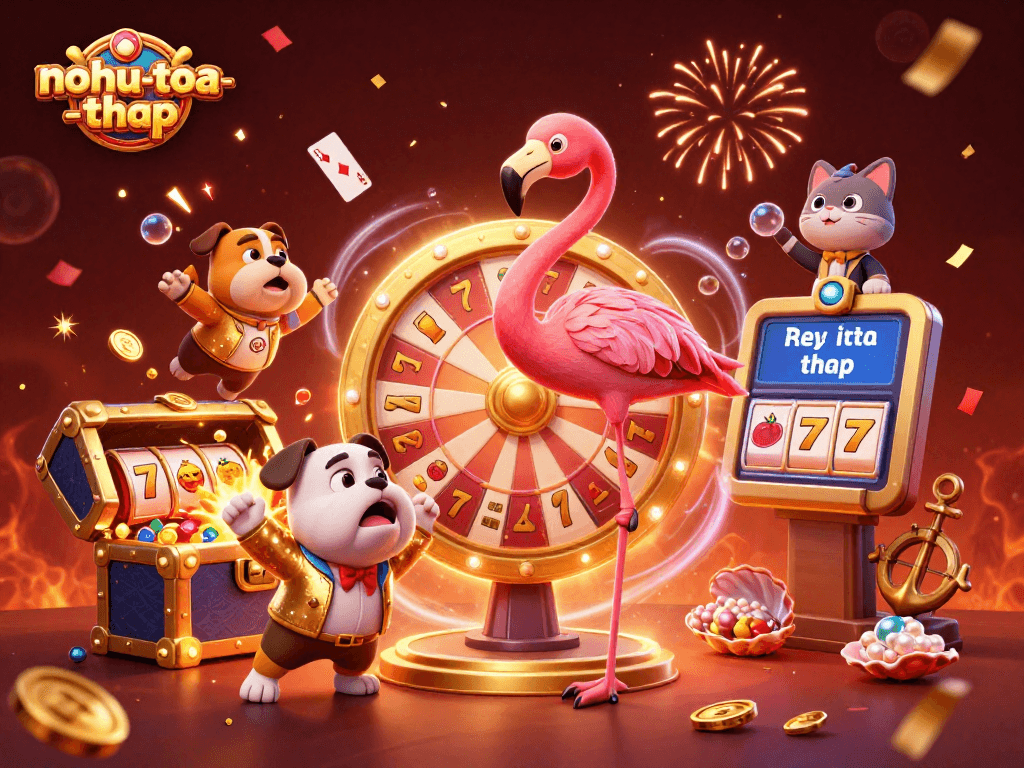 Spin the giant prize wheel with nohu-toa-thap while winning vibrant rewards in a 3D game environment.