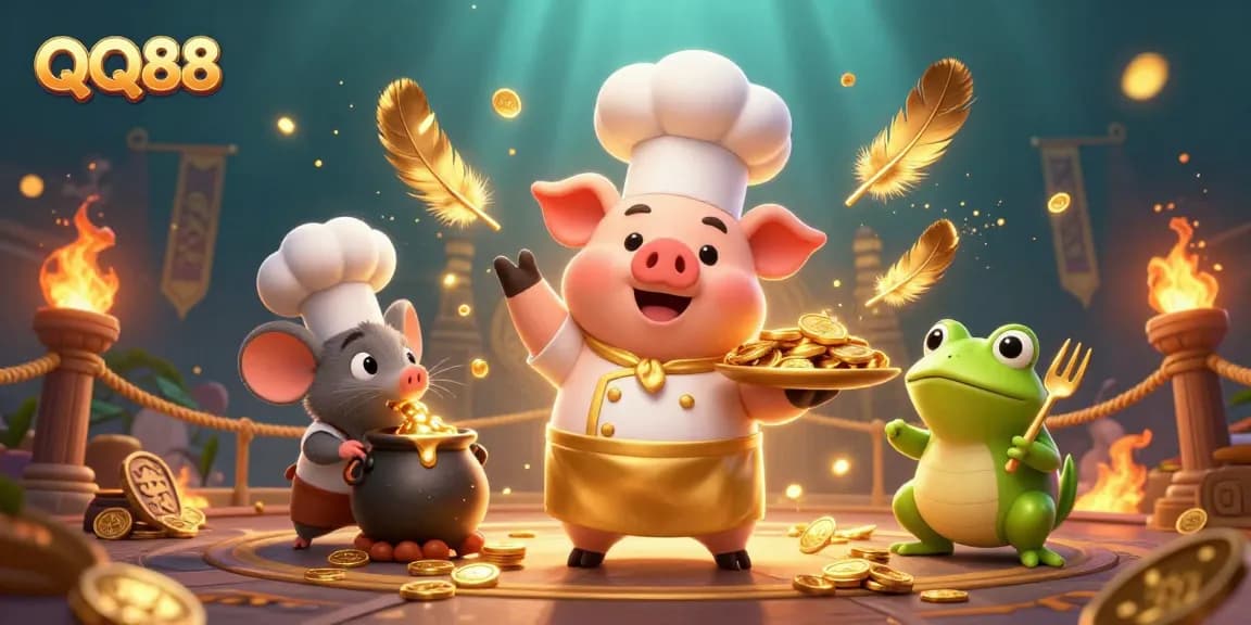 Experience thrilling action at QQ88 with an engaging scene featuring a chef pig, sous-chef mouse, and frog critic, surrounded by gold.