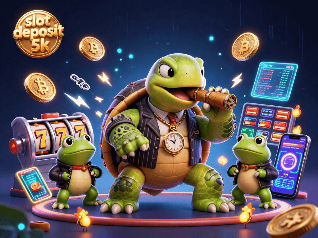 Experience slot deposit 5k excitement in this vibrant 3D casino scene with playful characters.