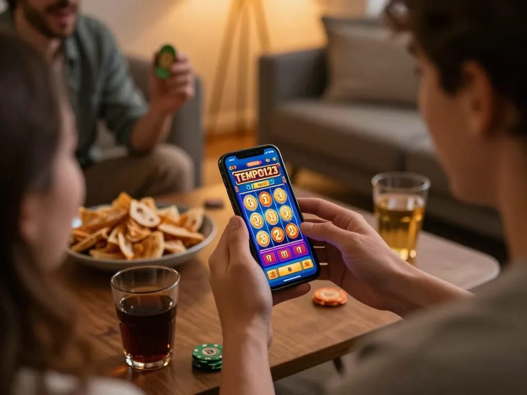Engaging gameplay in the Tempo123 Slot on a smartphone in a cozy home setting with snacks.
