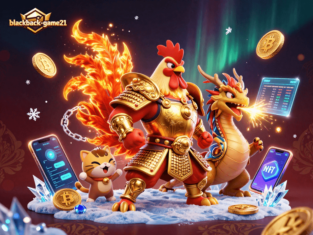 Play blackjack-game21 with high-stakes action featuring an armored rooster and dragon amidst crypto coins.