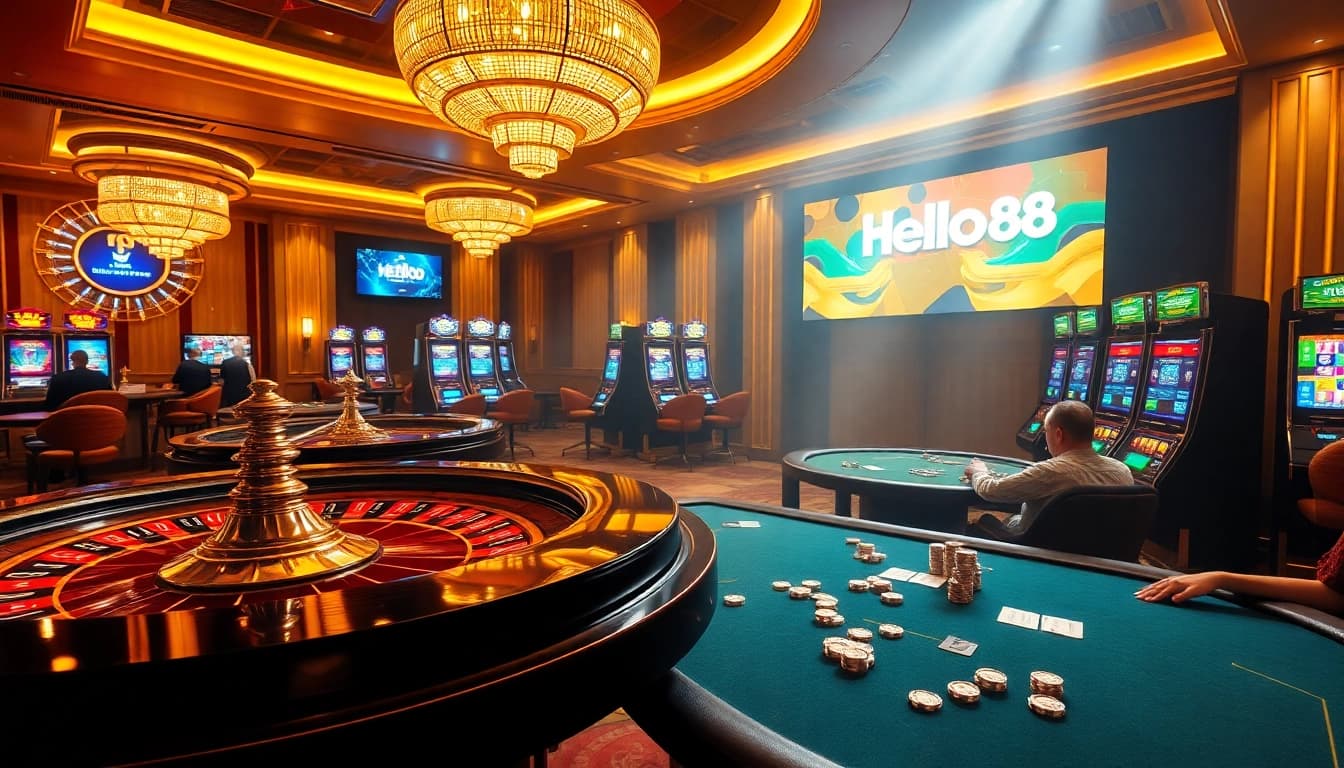 Hello88 gamers placing bets at luxurious casino tables with vibrant atmosphere.