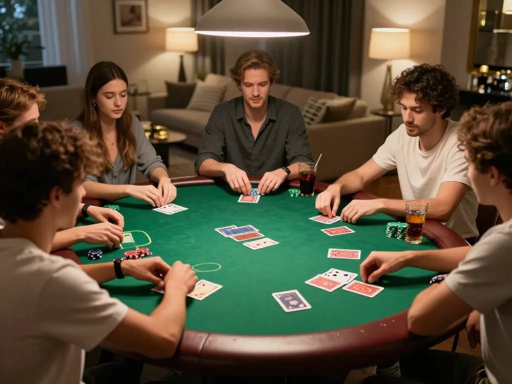 xx88 players enjoying an exciting poker game with cards and chips visible in a cozy atmosphere