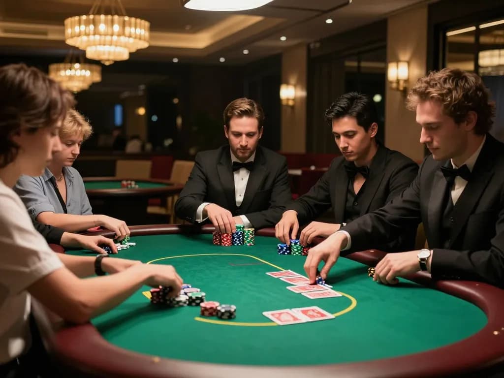 tr88 players strategizing their moves around an elegant poker table, showcasing an upscale casino atmosphere