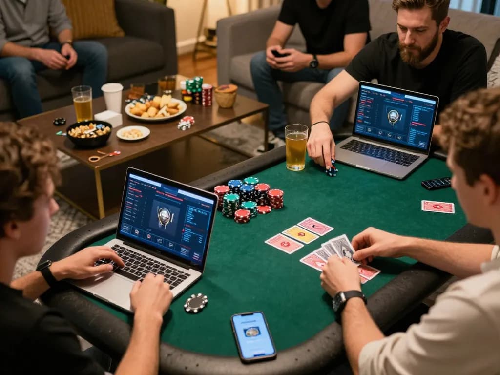 Players enjoying a competitive poker session online with LIGALGO, showcasing hands at work.