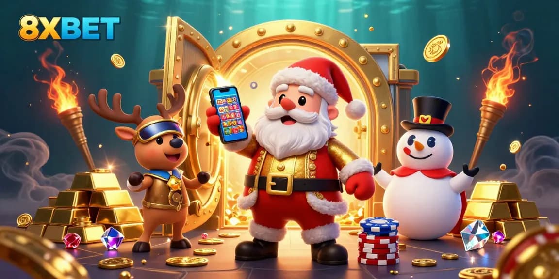Spin slots with 8XBET in this lively casino scene featuring Santa, his reindeer, and a snowman.