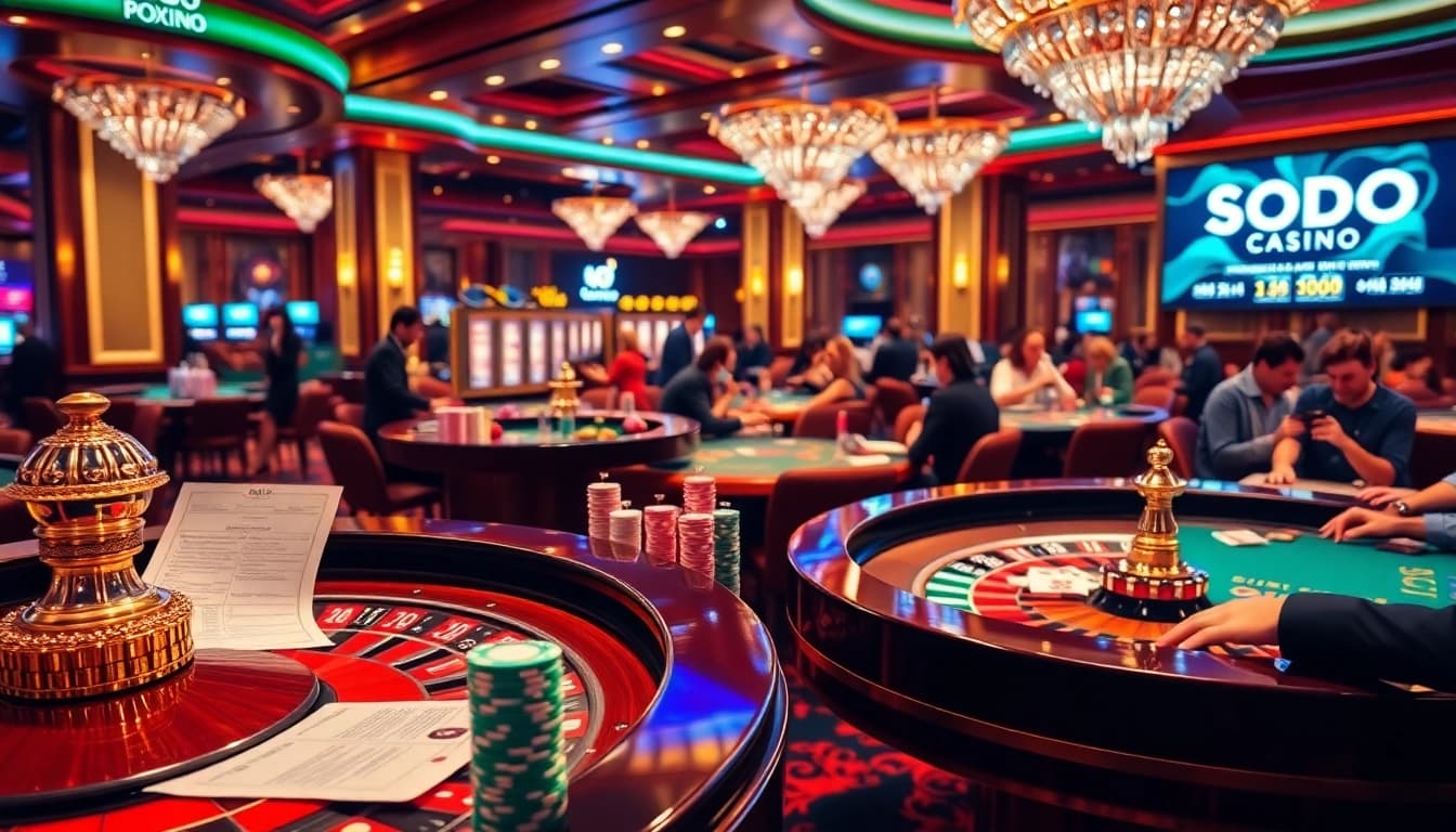 SODO CASINO players enjoying a vibrant game atmosphere with poker chips and roulette wheel.