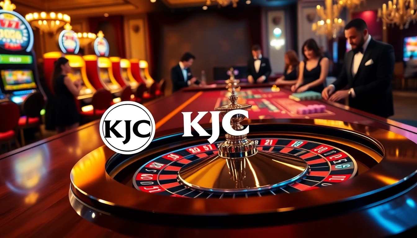 KJC logo on a vibrant roulette wheel in a luxurious casino setting with poker chips and elegant players.