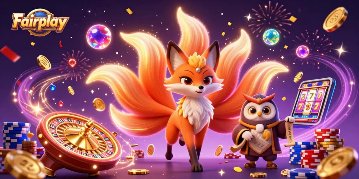Win big with Fairplay in this vibrant casino scene featuring magical creatures and colorful game elements.