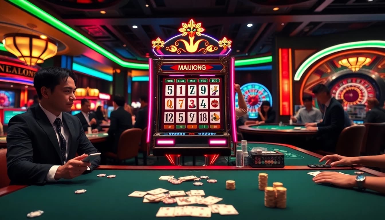 Engaging scene of a mahjong slot machine amidst an exciting casino atmosphere.