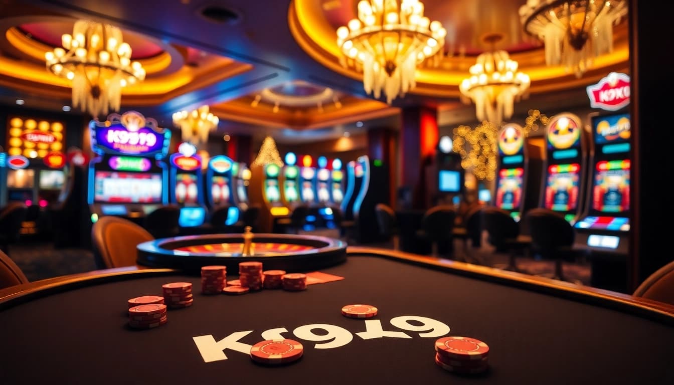 K9K9 poker table with vibrant chips and cards, showcasing a thrilling casino atmosphere.