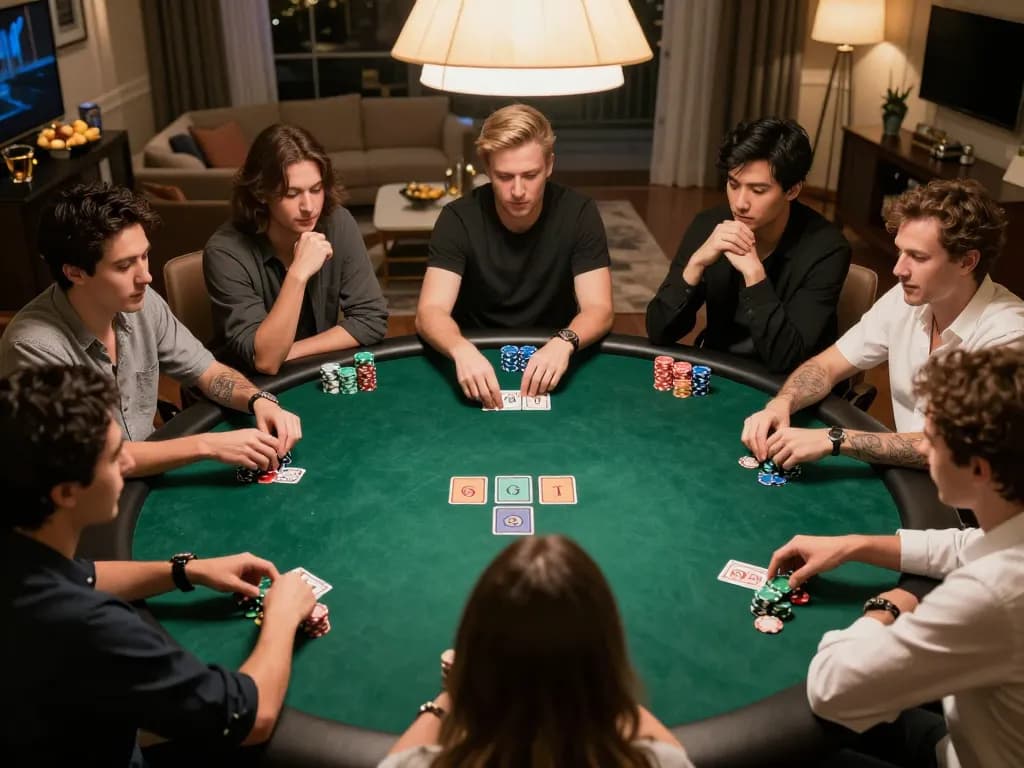 Players at a thrilling poker game analyzing hands while engaged in competitive strategy at home, m123.