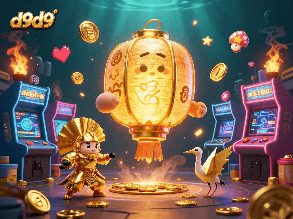 Maglaro ng d9d9 sa 3D casino kasama ang gintong lampara at mga simbolo ng suwerte.
