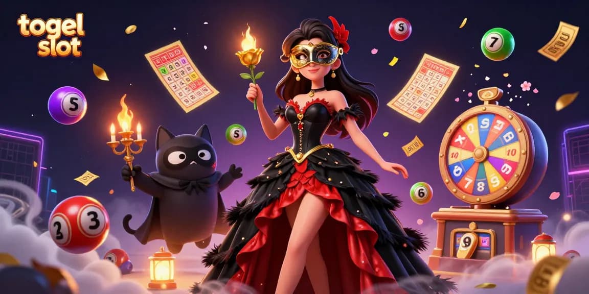 Engage in thrilling togel slot action with vibrant visuals of lottery elements and dynamic characters.