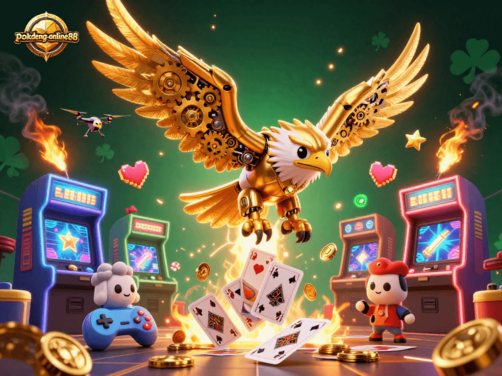 Experience thrilling gameplay with pokdeng-online88 as a golden eagle dives through holographic cards in a vibrant casino scene.