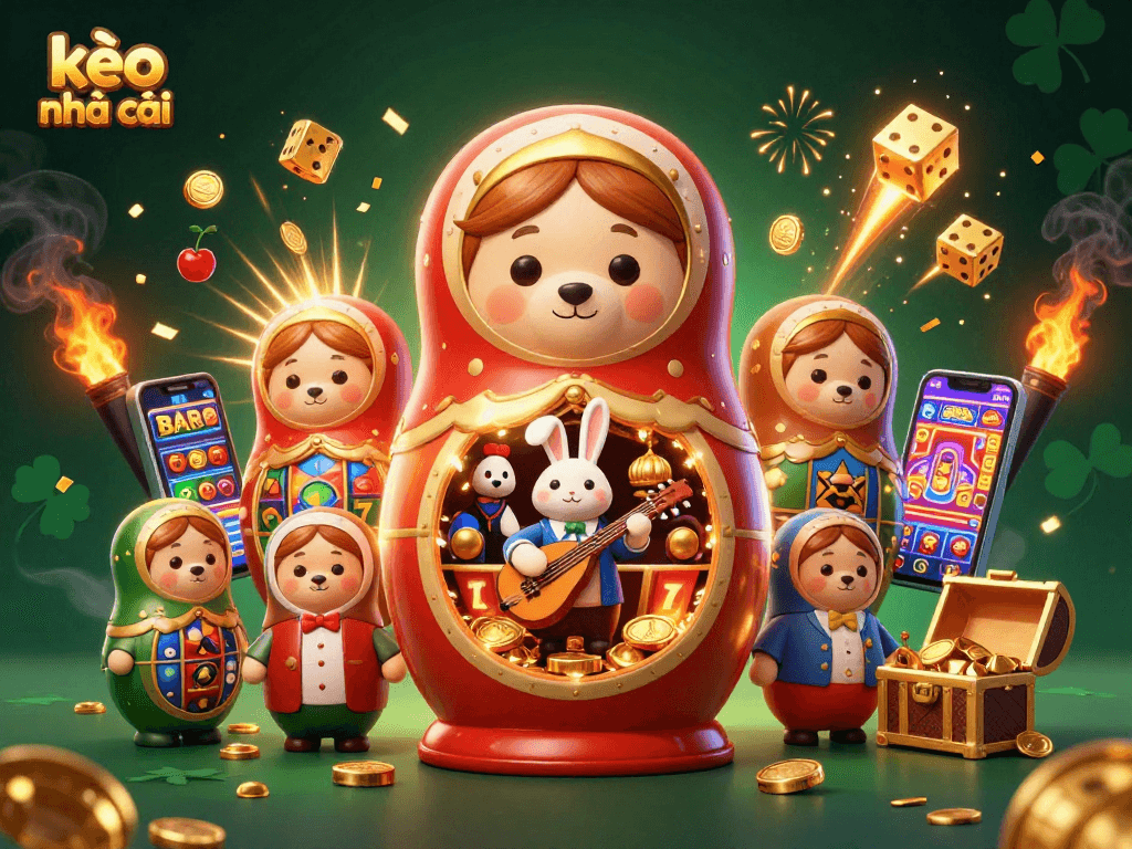 Kèo nhà cái offers an exciting casino experience, featuring Matryoshka bears and vibrant slot machines amidst a dynamic scene.