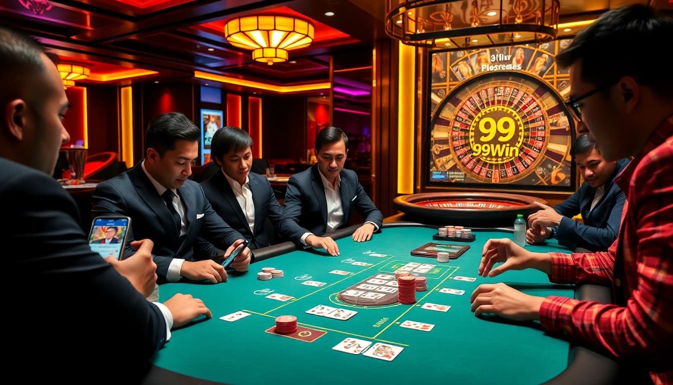 Strategically placed 99win app amidst a thrilling casino poker game, enhancing the excitement of gambling.