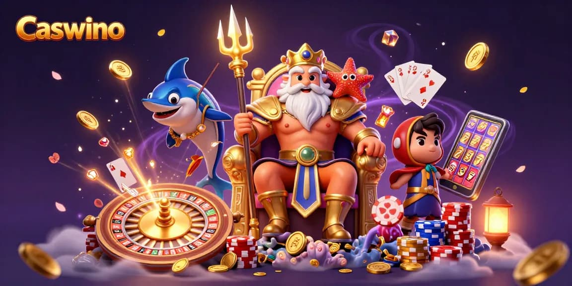 Experience thrilling gameplay at Caswino Casino with vibrant 3D illustration featuring Neptune and gaming elements.