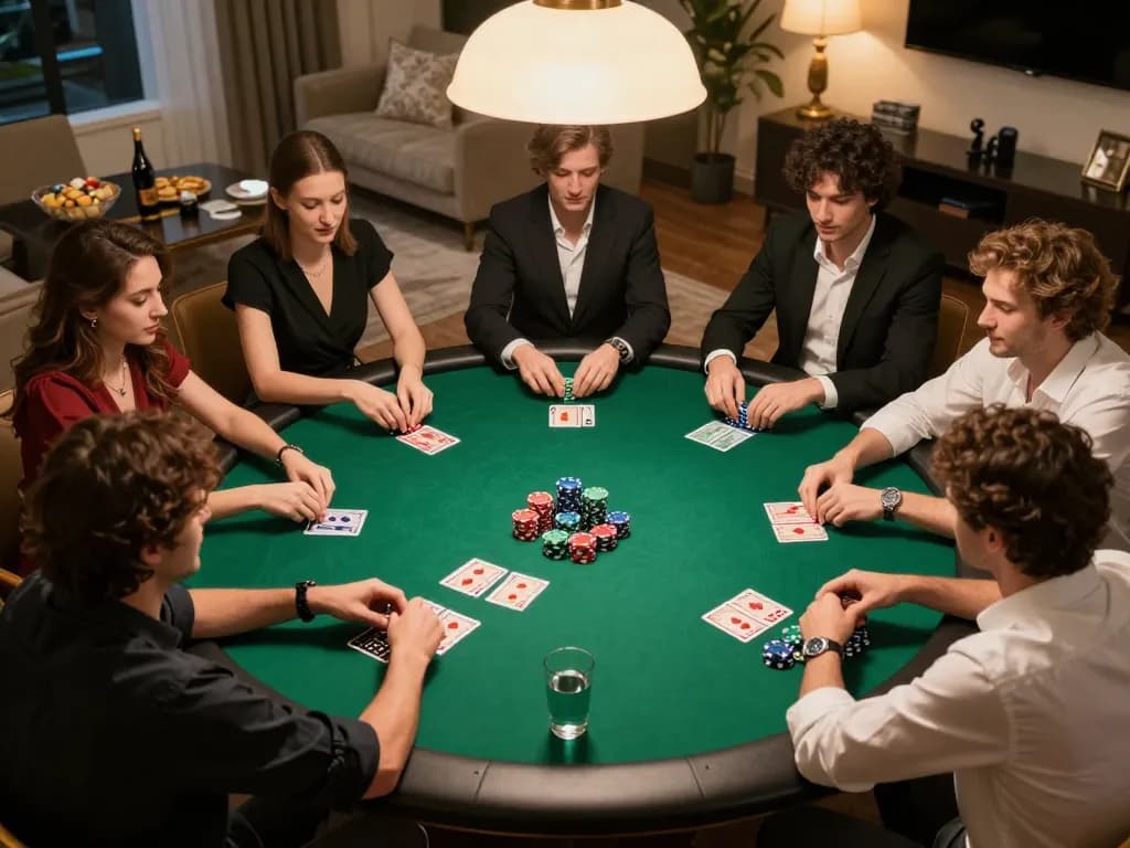Sunwin poker night featuring friends engaging in a game with colorful chips and lively atmosphere