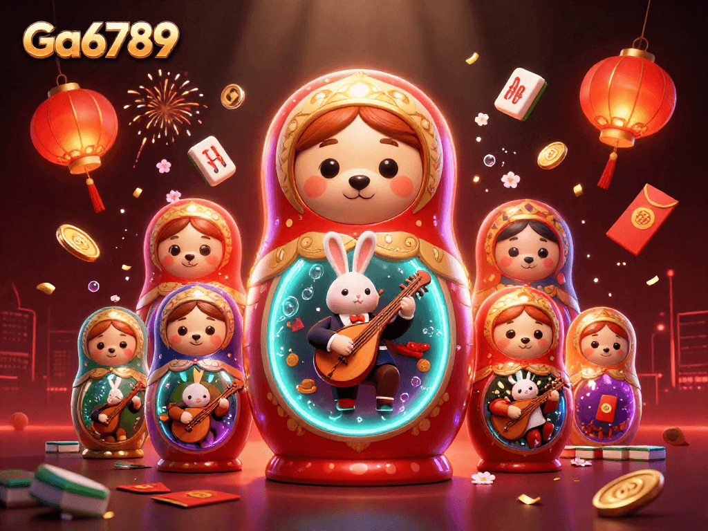 Ga6789 presents a vibrant 3D casino scene with cartoon bears and festive decor.